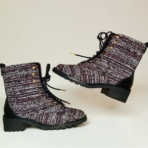 TORY BURCH Burgundy Tweed Lace-Up Lug Boots